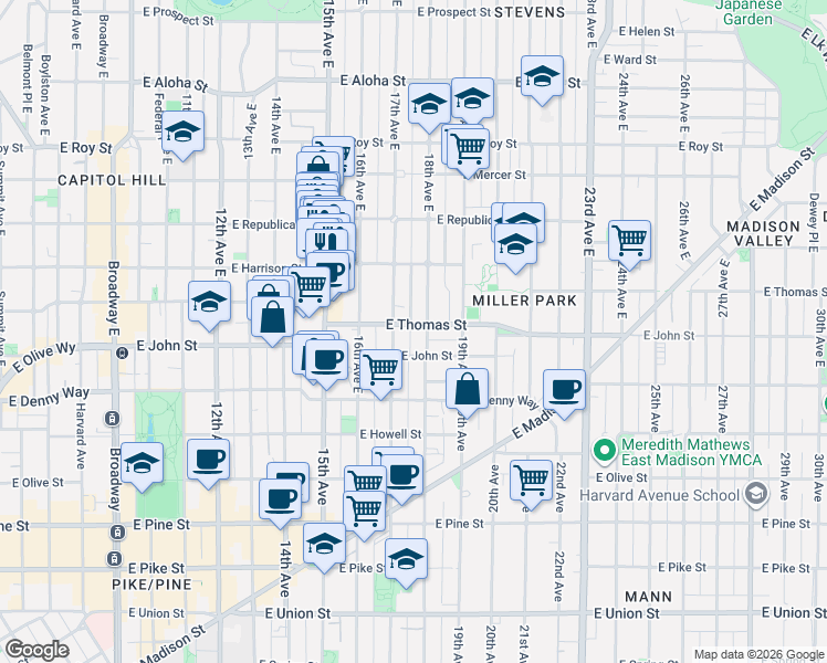 map of restaurants, bars, coffee shops, grocery stores, and more near 223 17th Avenue East in Seattle