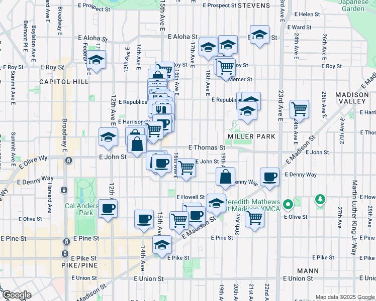 map of restaurants, bars, coffee shops, grocery stores, and more near 223 17th Avenue East in Seattle