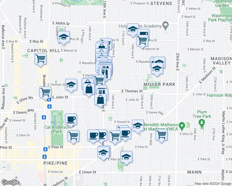 map of restaurants, bars, coffee shops, grocery stores, and more near 303 16th Avenue East in Seattle