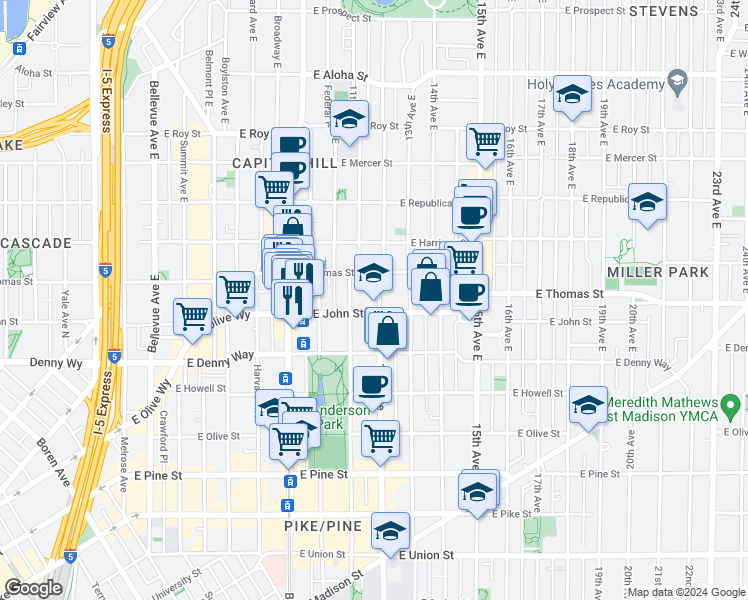 map of restaurants, bars, coffee shops, grocery stores, and more near 215 12th Avenue East in Seattle