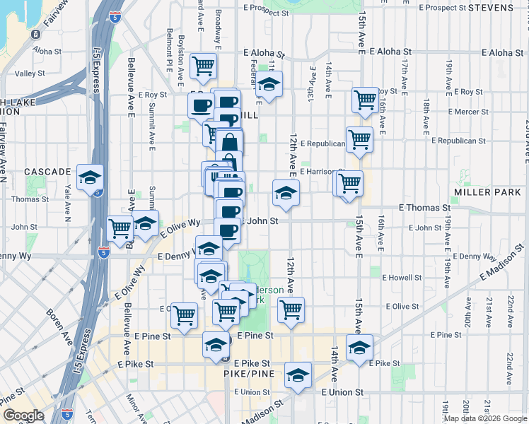 map of restaurants, bars, coffee shops, grocery stores, and more near in Seattle
