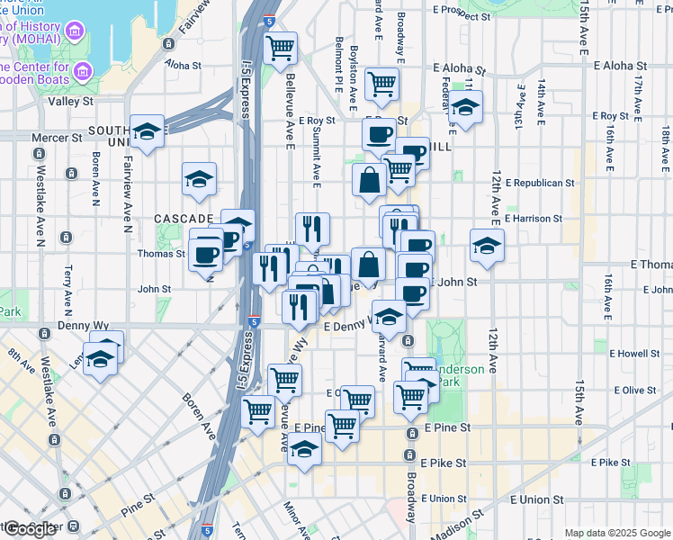 map of restaurants, bars, coffee shops, grocery stores, and more near 226 Summit Avenue East in Seattle