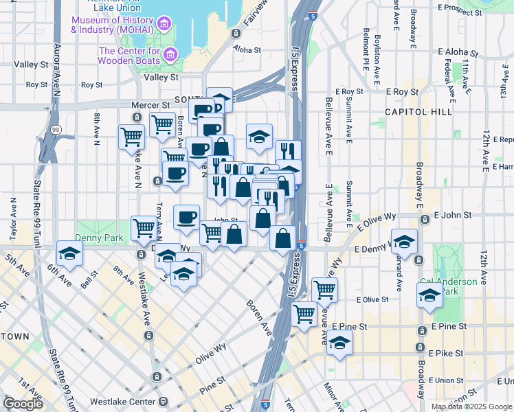 map of restaurants, bars, coffee shops, grocery stores, and more near in Seattle