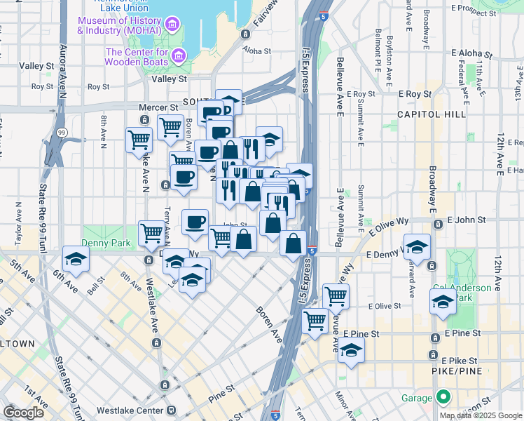 map of restaurants, bars, coffee shops, grocery stores, and more near in Seattle