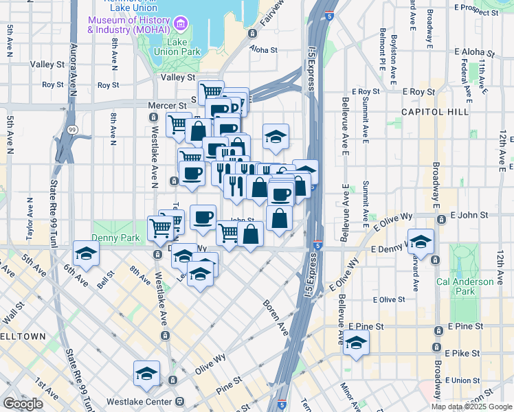 map of restaurants, bars, coffee shops, grocery stores, and more near in Seattle