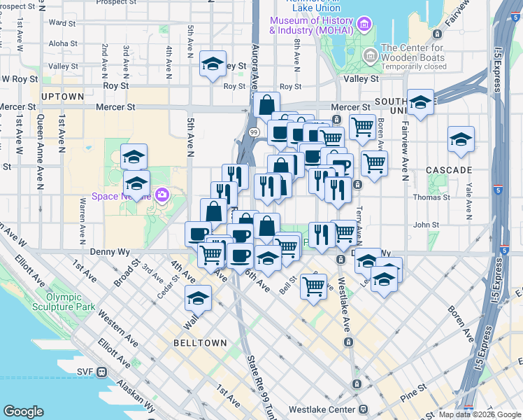 map of restaurants, bars, coffee shops, grocery stores, and more near in Seattle