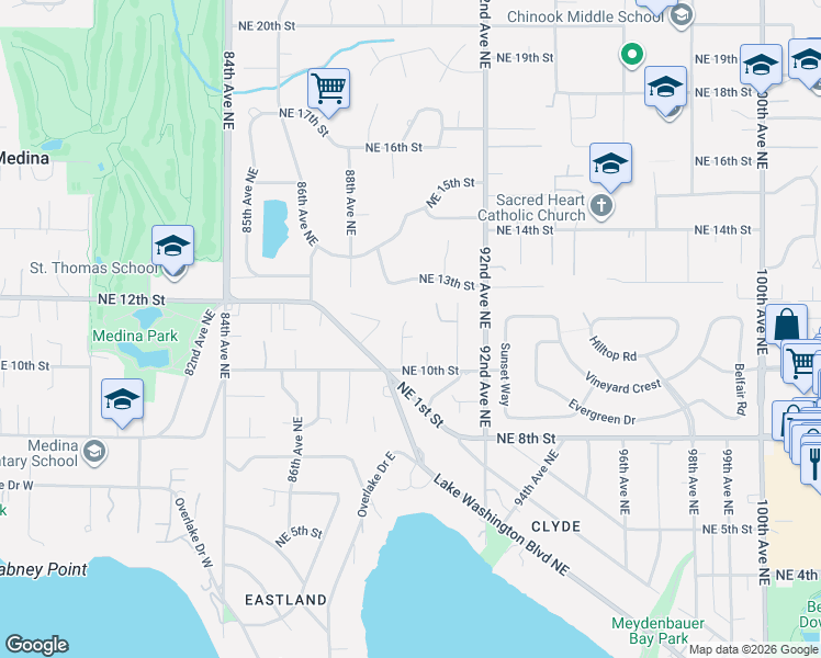 map of restaurants, bars, coffee shops, grocery stores, and more near 1032 89th Avenue Northeast in Bellevue