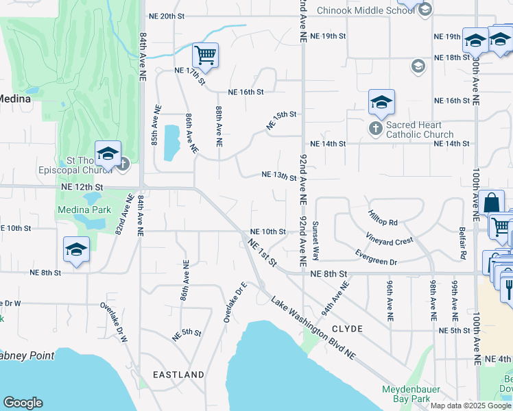 map of restaurants, bars, coffee shops, grocery stores, and more near 1032 89th Avenue Northeast in Bellevue