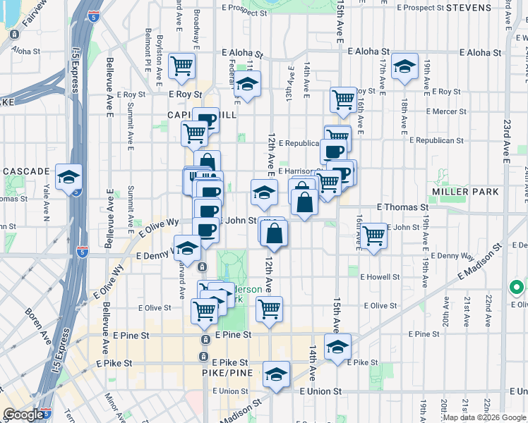 map of restaurants, bars, coffee shops, grocery stores, and more near 209 12th Avenue East in Seattle