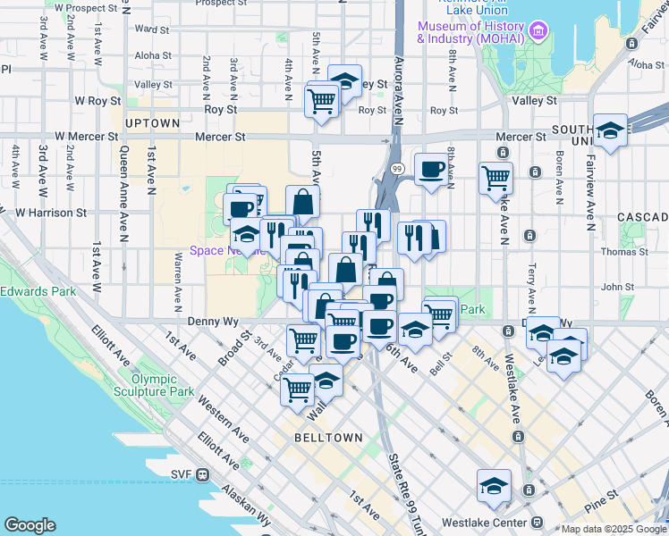 map of restaurants, bars, coffee shops, grocery stores, and more near 200 Taylor Avenue North in Seattle