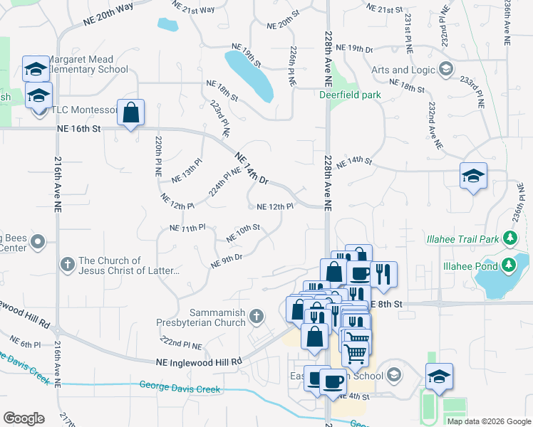 map of restaurants, bars, coffee shops, grocery stores, and more near 22543 Northeast 12th Place in Sammamish
