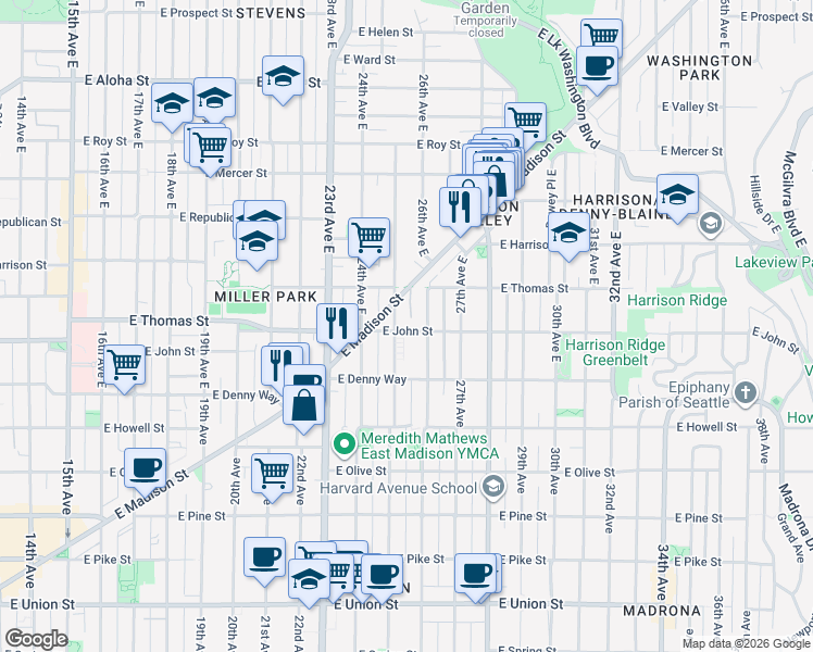 map of restaurants, bars, coffee shops, grocery stores, and more near 206 25th Avenue East in Seattle