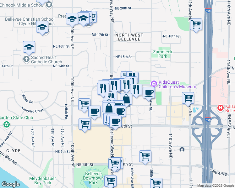 map of restaurants, bars, coffee shops, grocery stores, and more near 1028 Bellevue Way Southeast in Bellevue