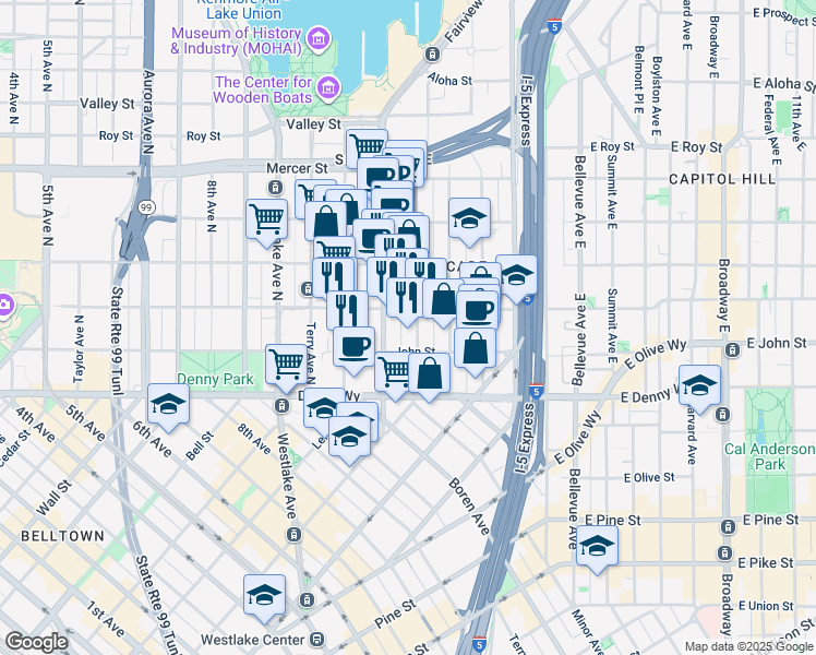 map of restaurants, bars, coffee shops, grocery stores, and more near 230 Fairview Avenue North in Seattle