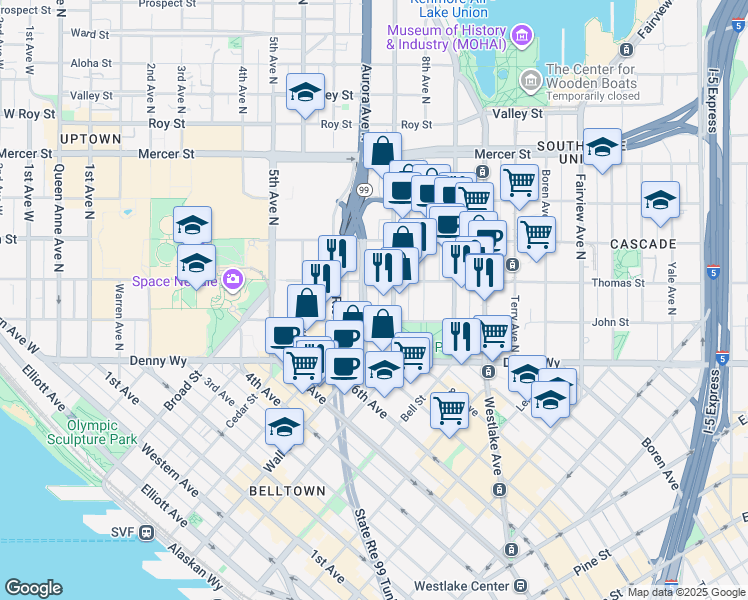 map of restaurants, bars, coffee shops, grocery stores, and more near 226 7th Avenue North in Seattle