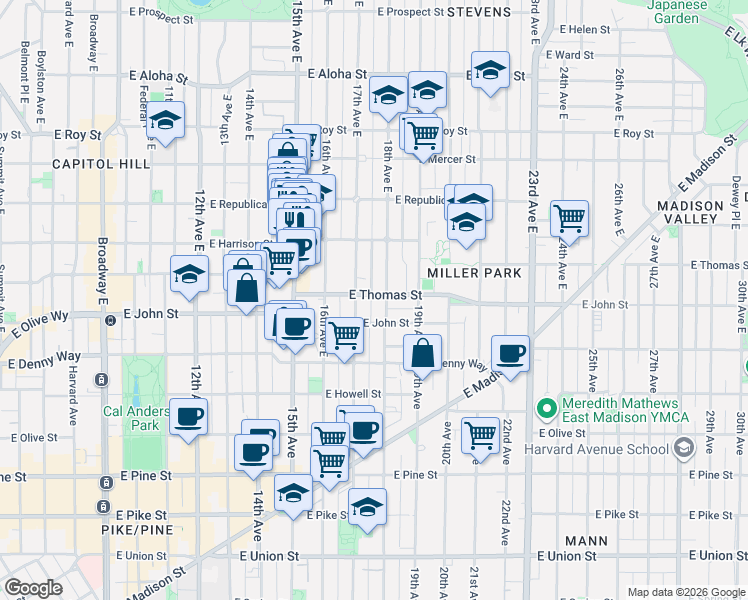 map of restaurants, bars, coffee shops, grocery stores, and more near 223 17th Avenue East in Seattle