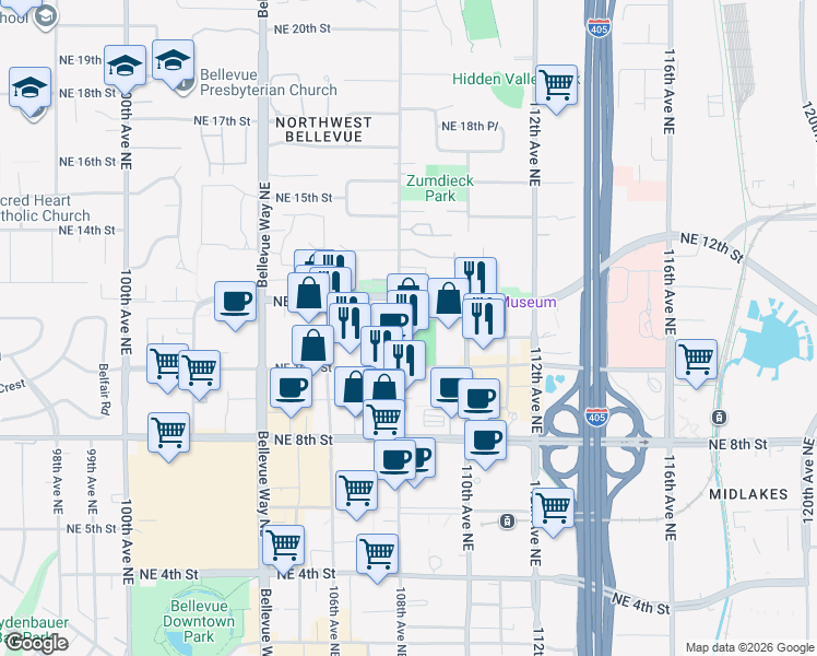 map of restaurants, bars, coffee shops, grocery stores, and more near 1126 108th Avenue Northeast in Bellevue