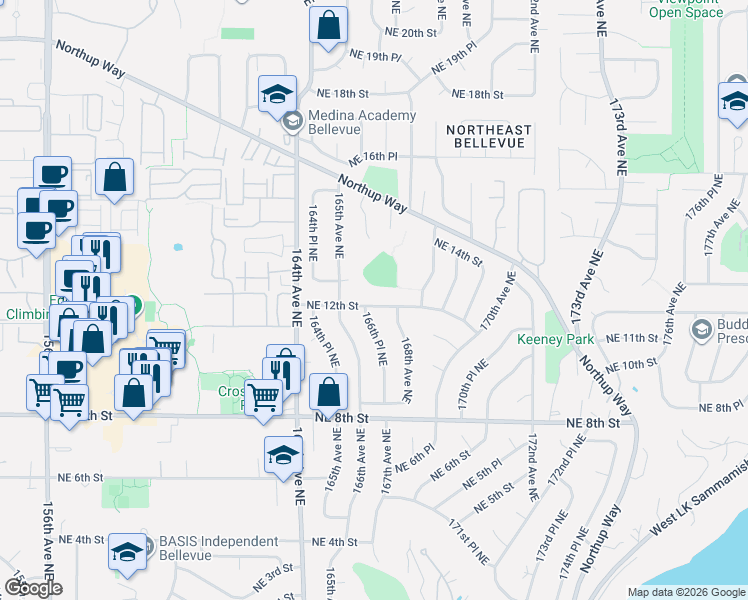 map of restaurants, bars, coffee shops, grocery stores, and more near 16654 Northeast 12th Street in Bellevue