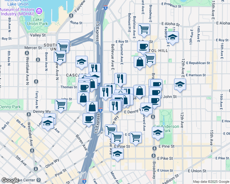 map of restaurants, bars, coffee shops, grocery stores, and more near 239 Bellevue Avenue East in Seattle