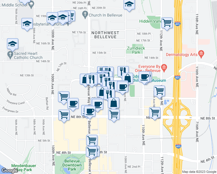 map of restaurants, bars, coffee shops, grocery stores, and more near 1120 106th Avenue Northeast in Bellevue