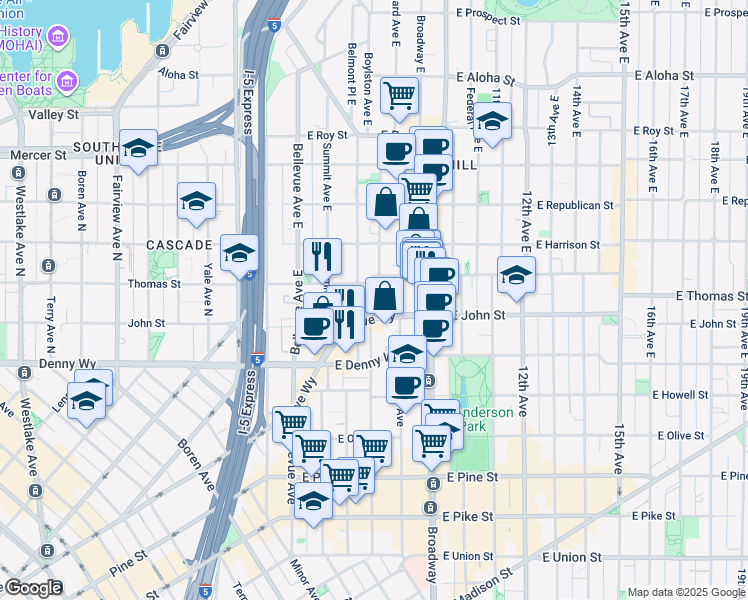 map of restaurants, bars, coffee shops, grocery stores, and more near 219 Boylston Avenue in Seattle