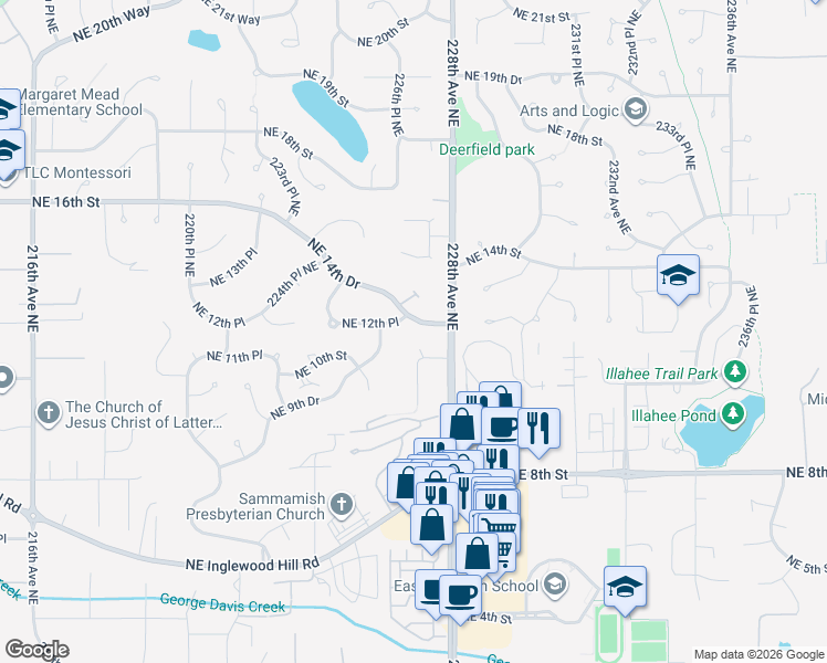 map of restaurants, bars, coffee shops, grocery stores, and more near 22705a Northeast 12th Place in Sammamish