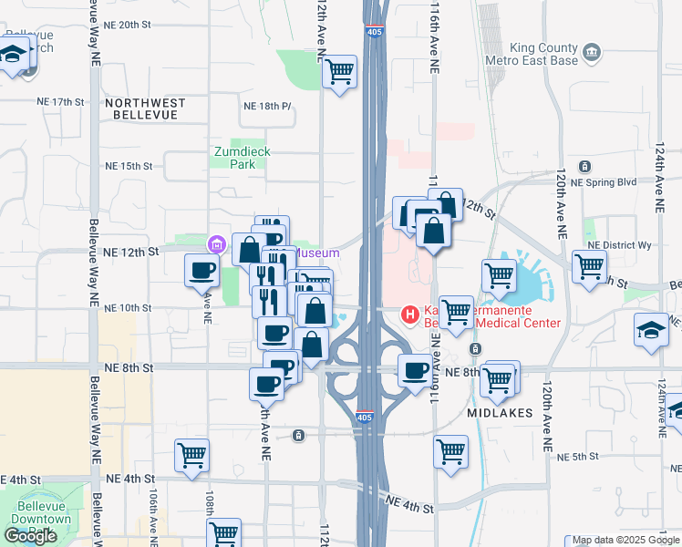 map of restaurants, bars, coffee shops, grocery stores, and more near 1110 112th Avenue Northeast in Bellevue