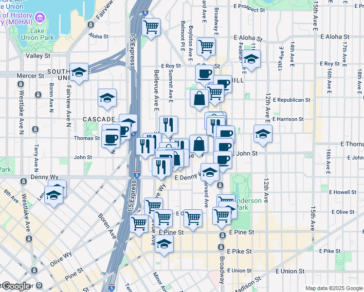 map of restaurants, bars, coffee shops, grocery stores, and more near 226 Summit Avenue East in Seattle