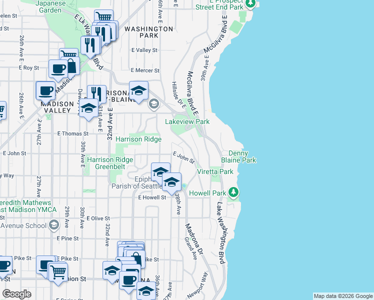 map of restaurants, bars, coffee shops, grocery stores, and more near 3732 East High Lane in Seattle