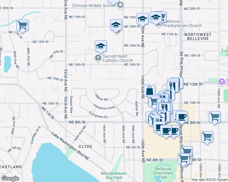map of restaurants, bars, coffee shops, grocery stores, and more near 9663 Hilltop Road in Bellevue