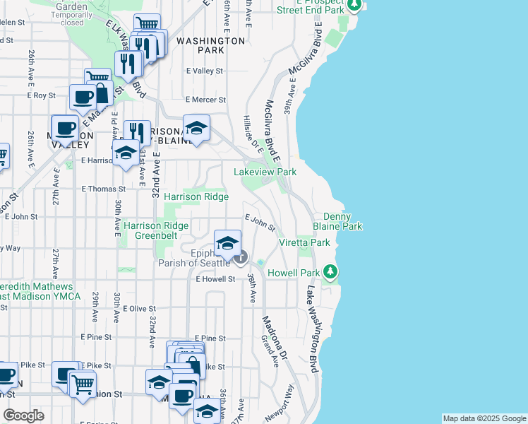 map of restaurants, bars, coffee shops, grocery stores, and more near 3732 East High Lane in Seattle
