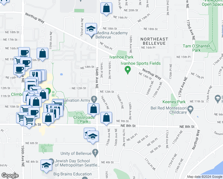 map of restaurants, bars, coffee shops, grocery stores, and more near 16504 Northeast 12th Street in Bellevue