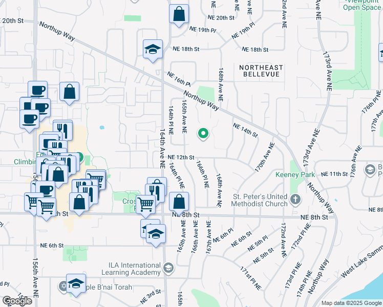 map of restaurants, bars, coffee shops, grocery stores, and more near 16504 Northeast 12th Street in Bellevue