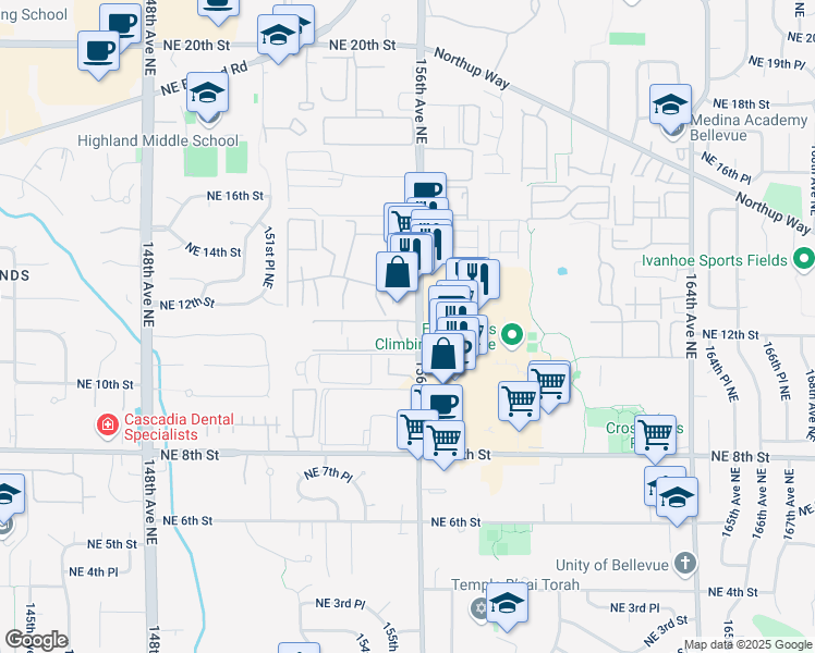 map of restaurants, bars, coffee shops, grocery stores, and more near 15501 Northeast 12th Street in Bellevue