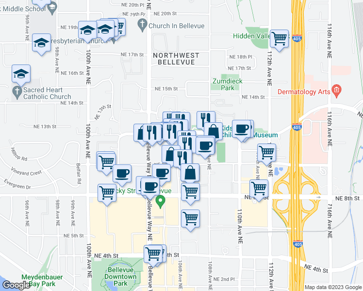 map of restaurants, bars, coffee shops, grocery stores, and more near 1120 106th Avenue Northeast in Bellevue