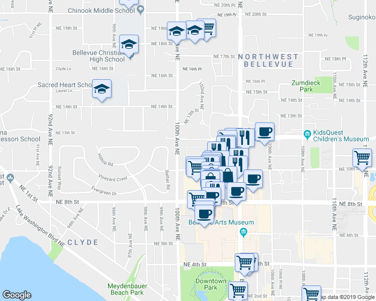 map of restaurants, bars, coffee shops, grocery stores, and more near 1044 100th Avenue Northeast in Bellevue