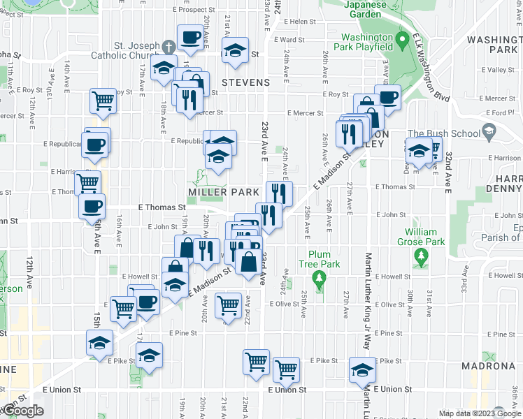 map of restaurants, bars, coffee shops, grocery stores, and more near in Seattle