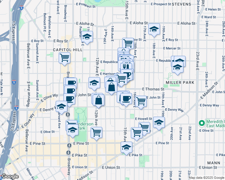 map of restaurants, bars, coffee shops, grocery stores, and more near 215 14th Avenue East in Seattle