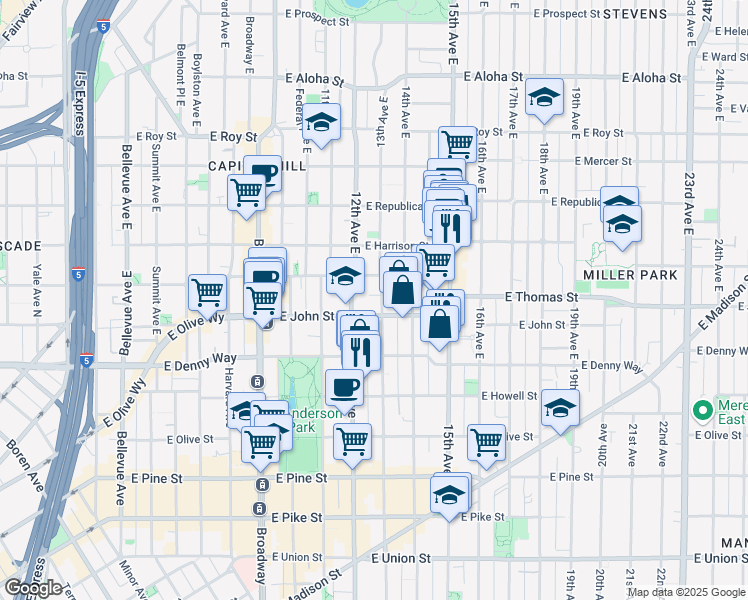 map of restaurants, bars, coffee shops, grocery stores, and more near 215 13th Avenue East in Seattle