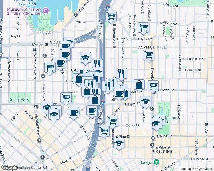 map of restaurants, bars, coffee shops, grocery stores, and more near 170 Melrose Avenue East in Seattle