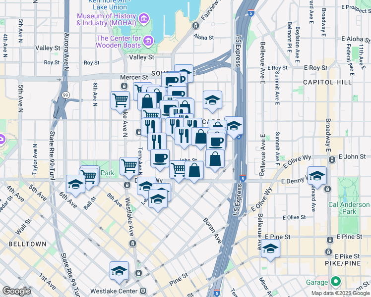 map of restaurants, bars, coffee shops, grocery stores, and more near 230 Fairview Avenue North in Seattle