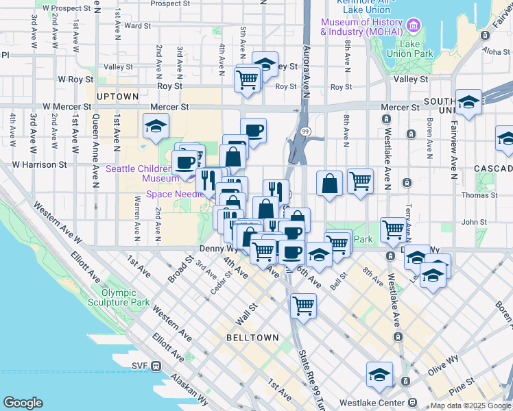 map of restaurants, bars, coffee shops, grocery stores, and more near 200 Taylor Avenue North in Seattle