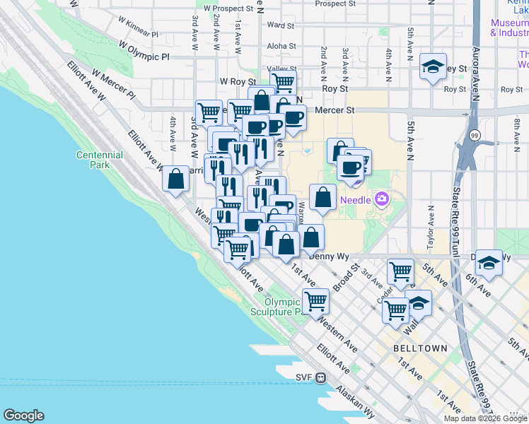 map of restaurants, bars, coffee shops, grocery stores, and more near 227 Queen Anne Avenue North in Seattle
