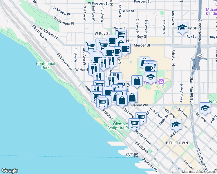 map of restaurants, bars, coffee shops, grocery stores, and more near 227 Queen Anne Avenue North in Seattle