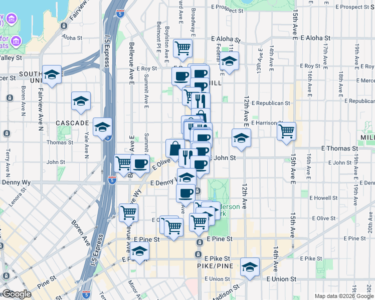 map of restaurants, bars, coffee shops, grocery stores, and more near 212 Harvard Avenue East in Seattle