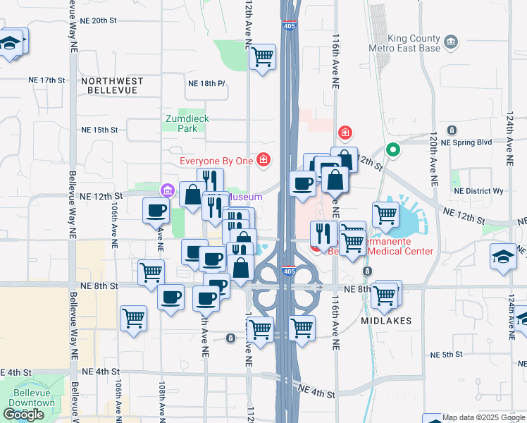map of restaurants, bars, coffee shops, grocery stores, and more near 1100 112th Avenue Northeast in Bellevue