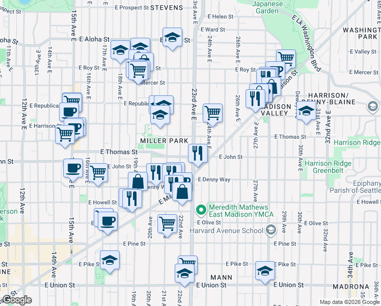 map of restaurants, bars, coffee shops, grocery stores, and more near 201 23rd Avenue East in Seattle