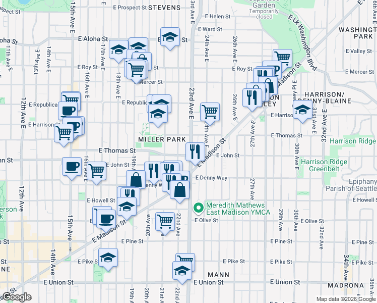 map of restaurants, bars, coffee shops, grocery stores, and more near in Seattle