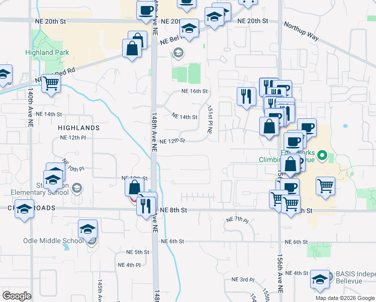 map of restaurants, bars, coffee shops, grocery stores, and more near 14866 Northeast 11th Place in Bellevue