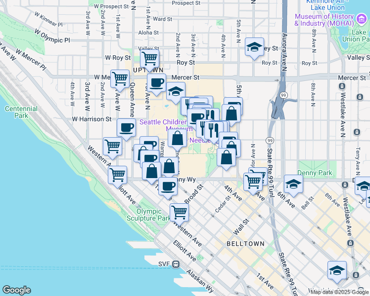 map of restaurants, bars, coffee shops, grocery stores, and more near 302 Thomas Street in Seattle